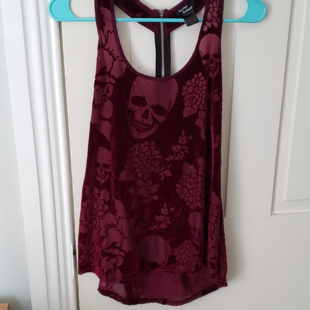 Wine colored velvet racerback tank with skulls